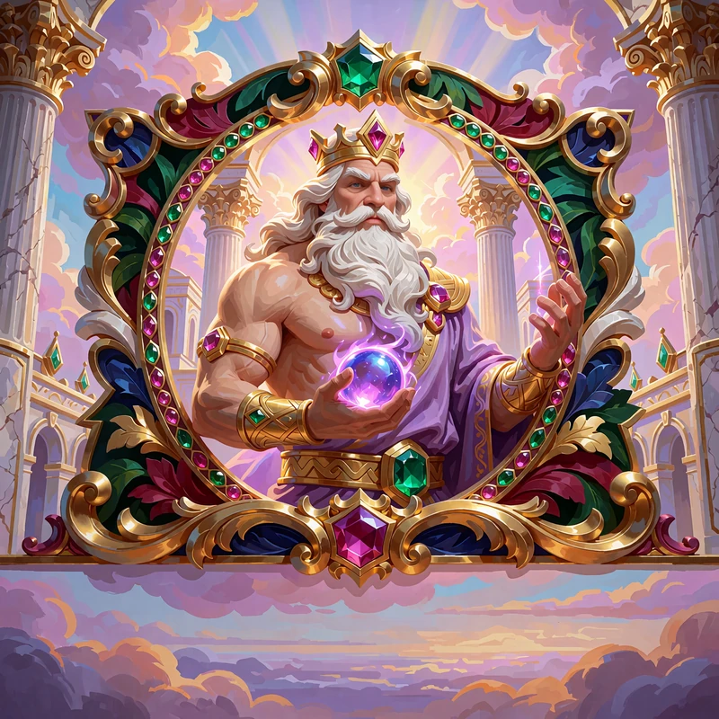 Illustration af en sk&aelig;gget tordengud med guldkrone foran et marmorpalads - stemningsbillede til Gates of Olympus