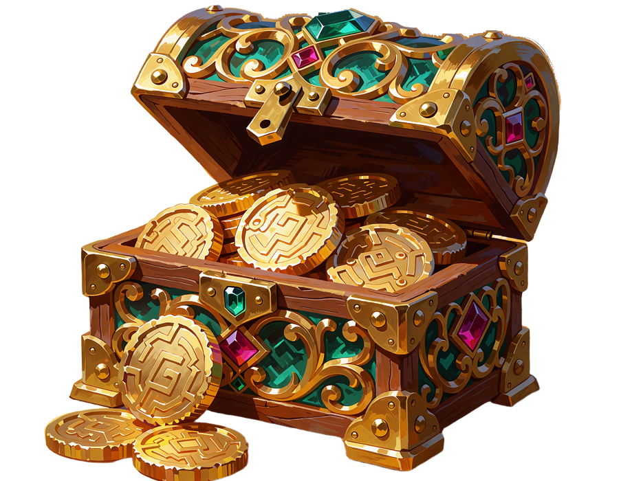 &Aring;ben tr&aelig;kiste fyldt med guldm&oslash;nter med kredsl&oslash;bsm&oslash;nstre - illustration til krypto casino hos Goldbet