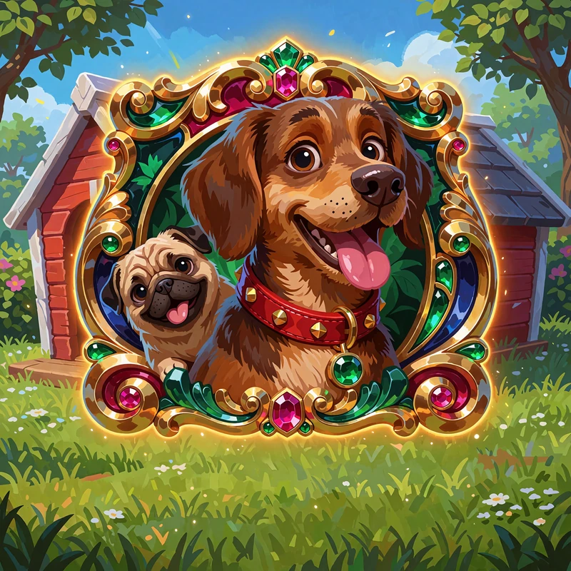 Illustration af en glad brun hund og en mops foran et r&oslash;dt hundehus - stemningsbillede til The Dog House