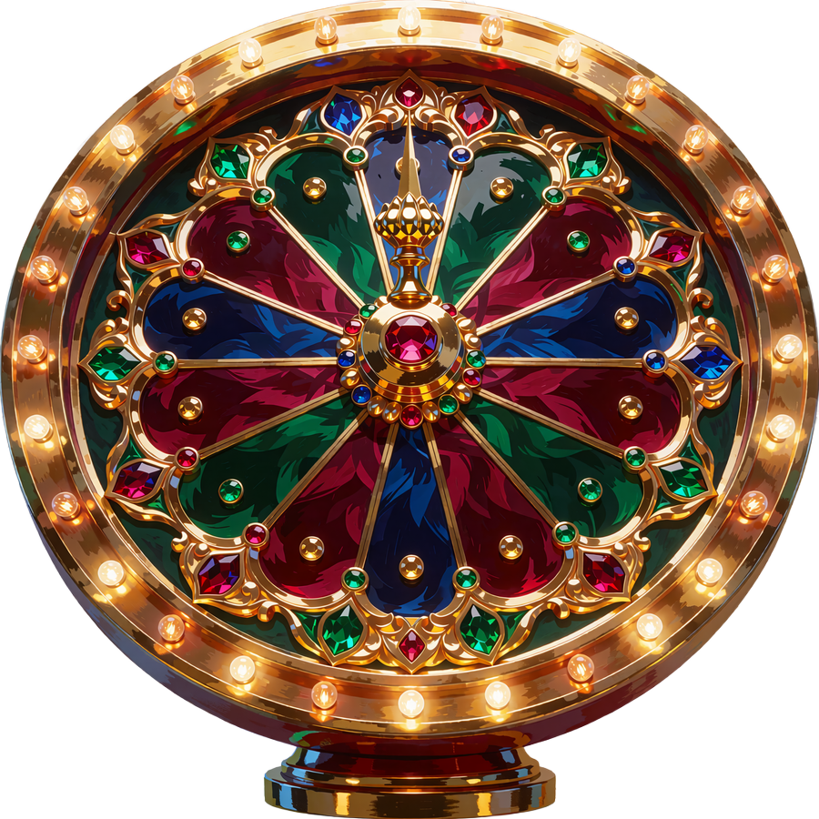 Gyldent lykkehjul med gr&oslash;nne, bordeauxr&oslash;de og bl&aring; felter og en l&oslash;vepote som pil - Wheel of Fortune hos Goldbet