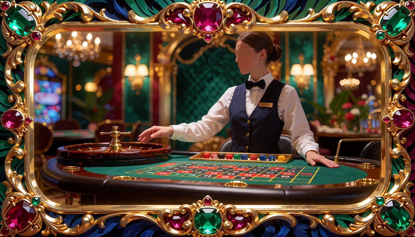 Anonym croupier ved et gr&oslash;nt rouletbord i et live casino-studie med guldlamper - live casino hos Goldbet
